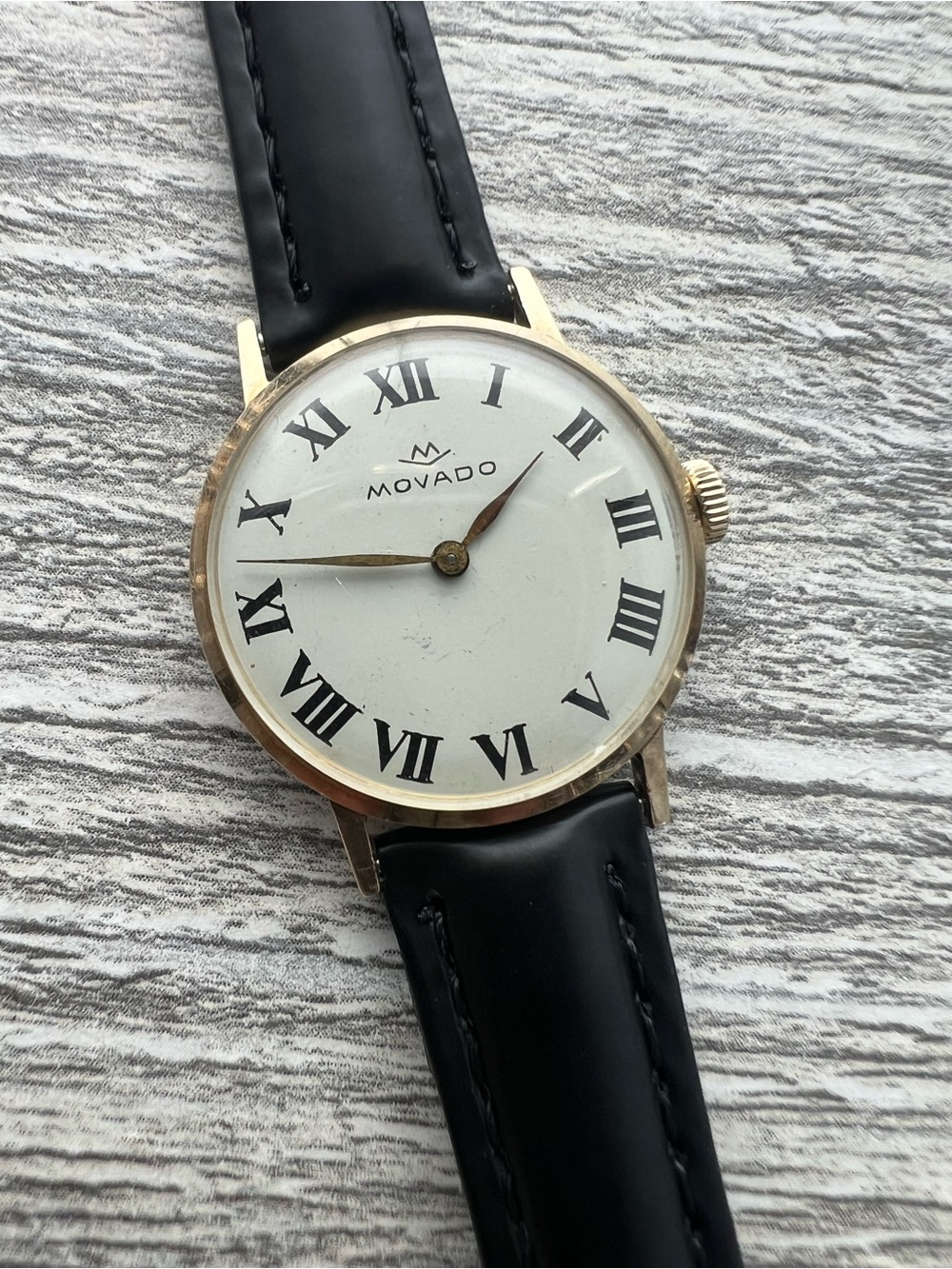 Movado Roman numeral woman’s Watch - Black Strap, 14kt Gold filled case